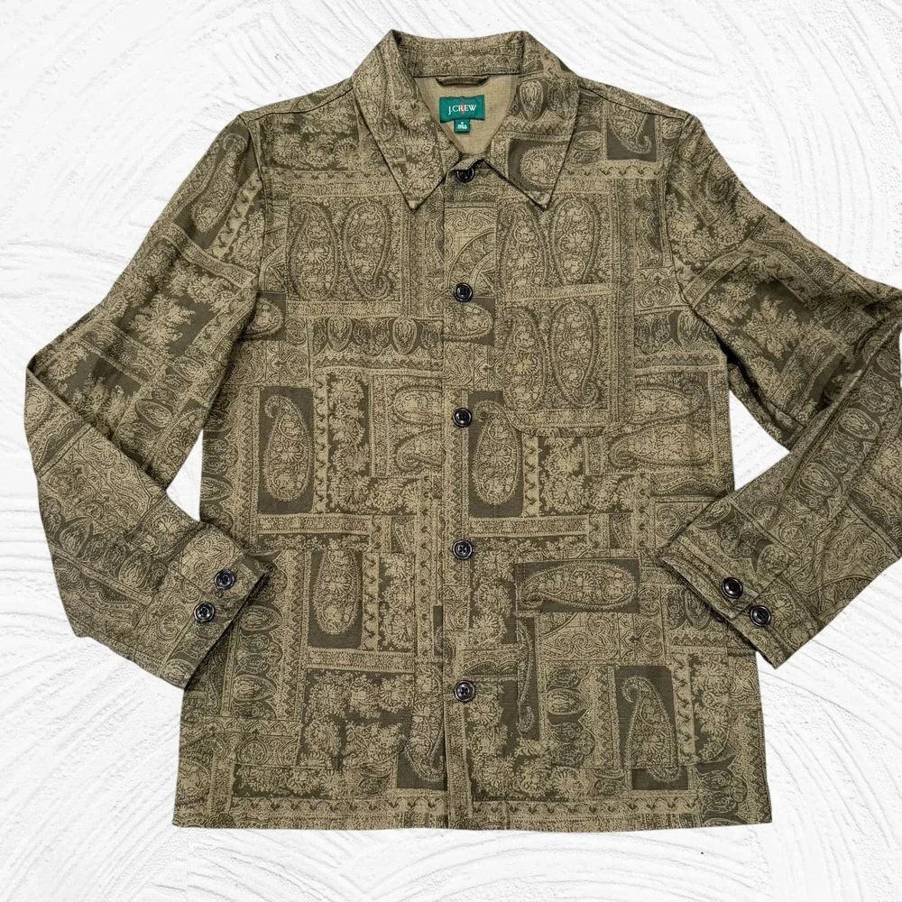 J.Crew Oarsman Batik Paisley Olive Green Brown Small  Cotton Linen Chore Jacket